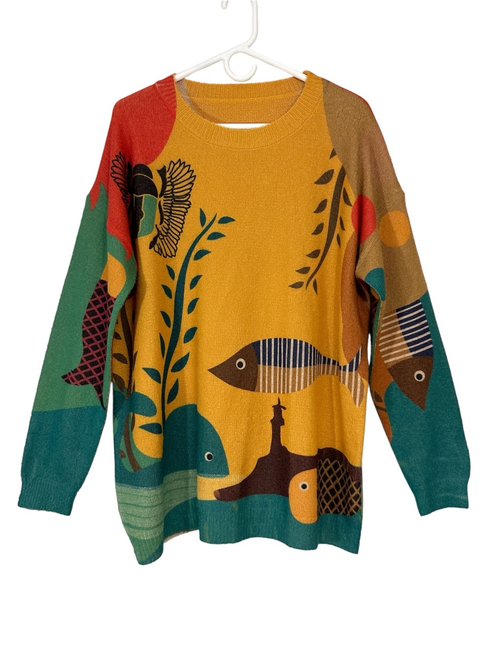 Mustard Yellow Artistic Nautical Fish Oversized Wool Blend Sweater